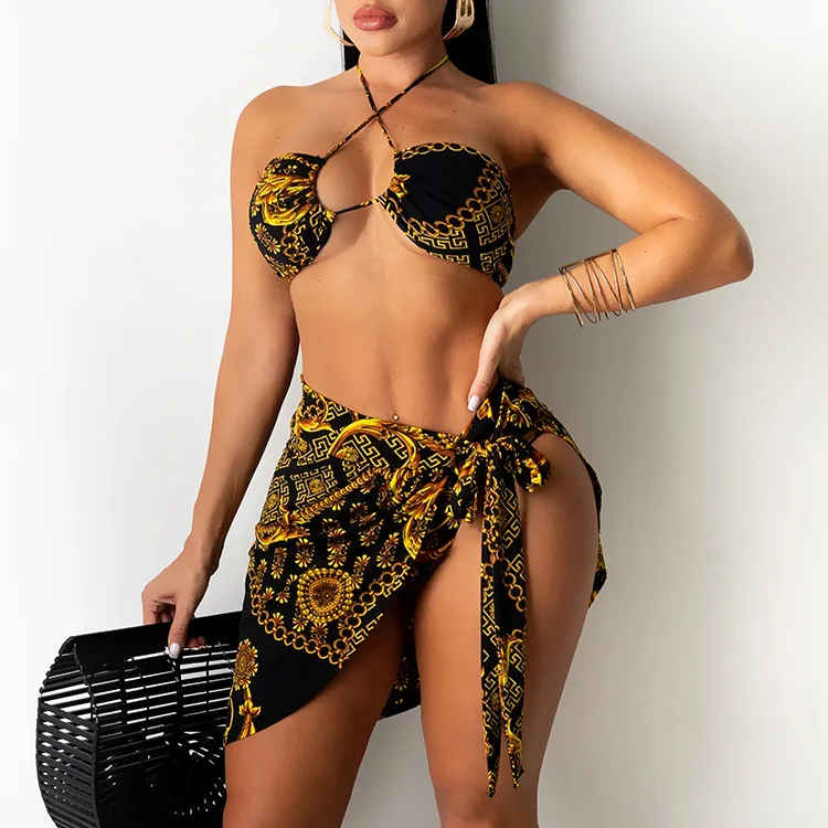 

2021 new swimsuit retro chain print sexy three-piece cut out bikinis woman swimwear, Black gold