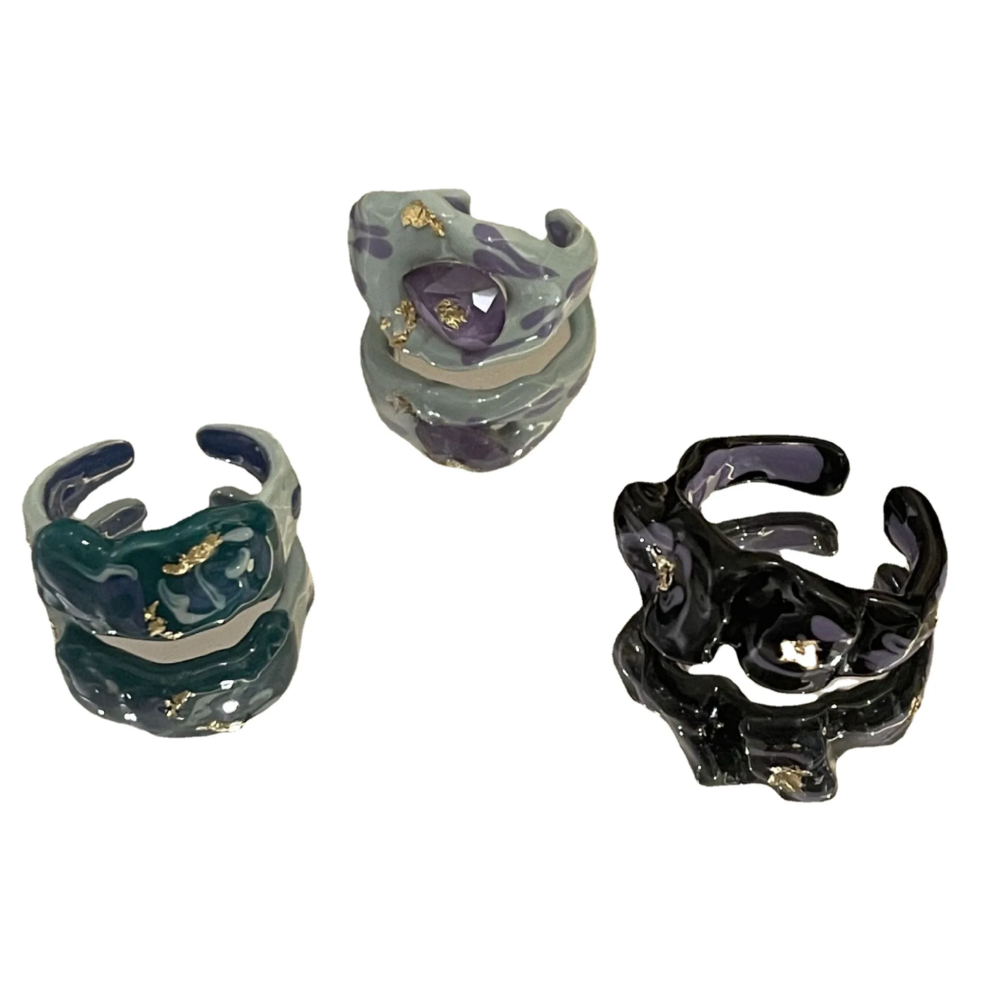 

2021 New Design Drip Oil Painting Plant Flower Pattern Ring Multi-color Gold Foil Open Ring, Black/green/dark green