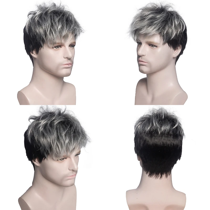 

Men Short Straight Wig Silver Grey Synthetic Wig for Male Hair Fleeciness Realistic Natural Wigs, Brown