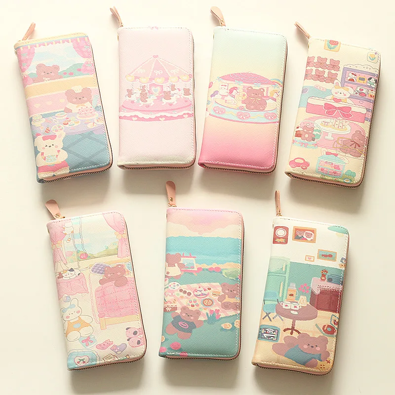 

Ladies Purse Long Zipper Wallet Student Cartoon Painting Clutch Cartoon Bear Wallet