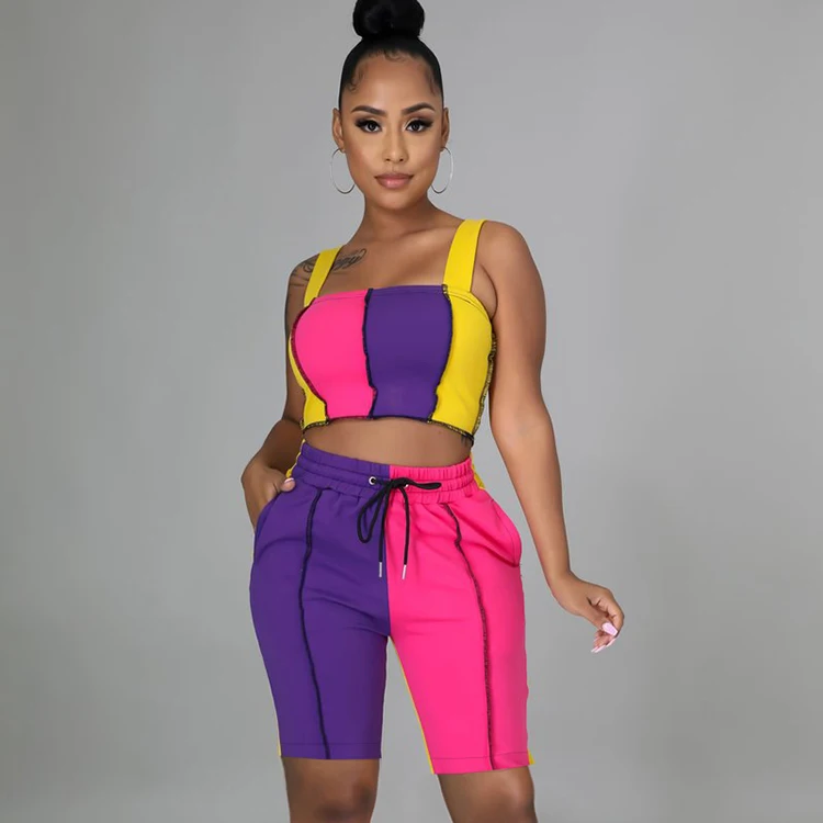 

Fashion Patch Contrast Color Summer Tracksuit For Women Sleeveless Tank Crop Top Shorts Sets -PT, Orange,gray,pink,purple