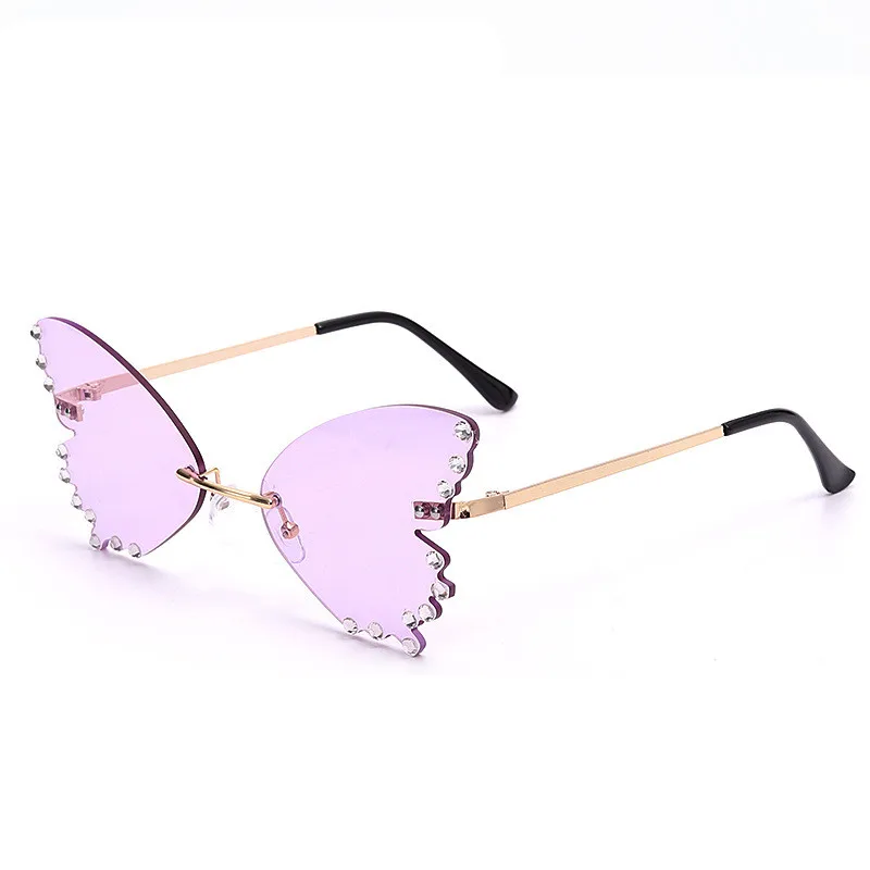 

2022 Fashion big frame handmade diamond women rimless metal sun glasses sunglasses vintage bling butterfly sunglasses, Picture shown