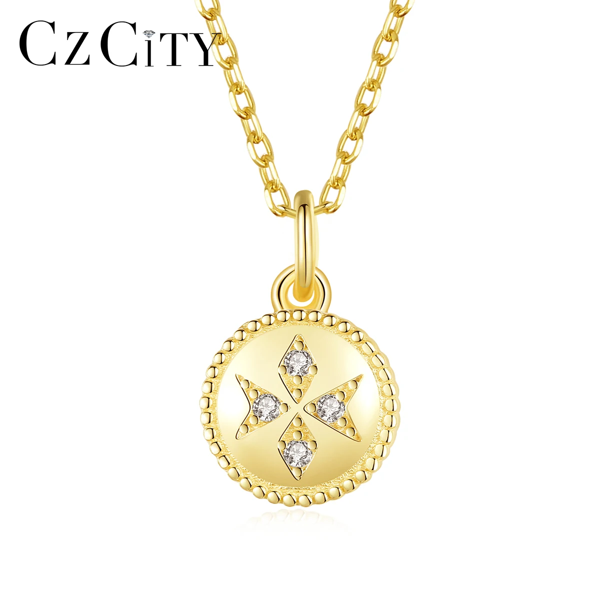 

CZCITY 2021 Simple Coin Necklace 14K Gold Plated 925 Silver Women Pendant Chain Necklace