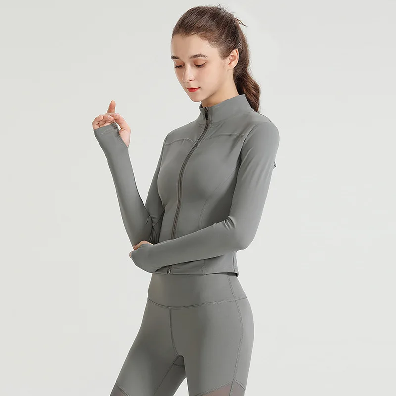 

New trendy yoga clothes sets long sleeve women's nude thin stand-up collar sports running fitness clothing jackets, Customized colors