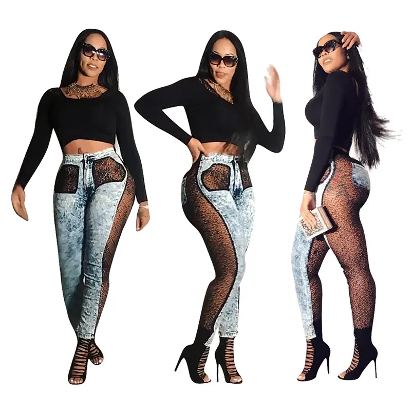 

Women Sexy Lace See-through Jeans Fashion Pants, As show