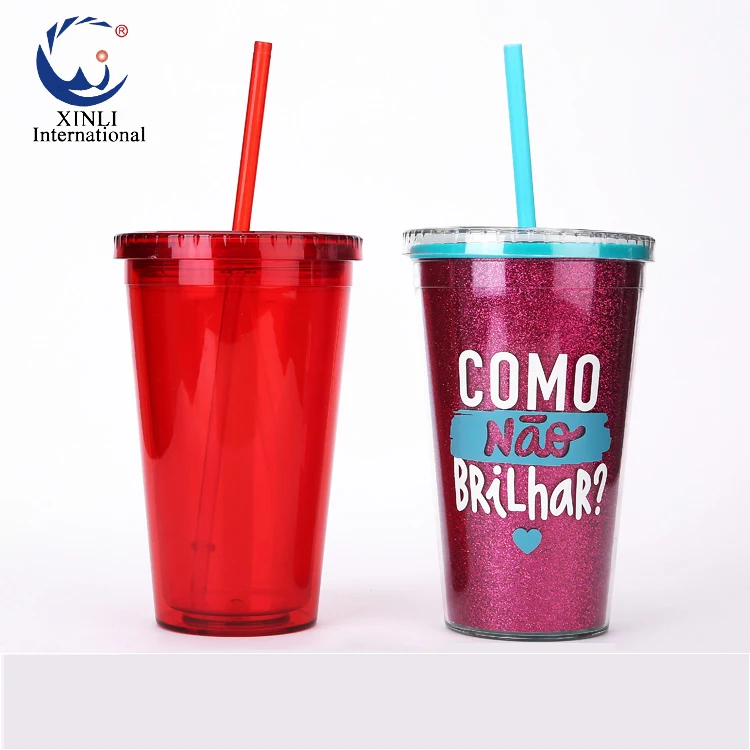 

Tumbler Cold Drink Cup Double Layer Ecological Plastic Customized Eco-friendly Double Wall Plastic Straw Tumbler Cup Mugs 450ML, As photo,can be customized
