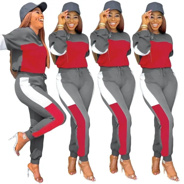 

12242NA hot sell casual hoodie suit keep warm sportswear long sleeve contrast color splicing women 2 piece set clothing