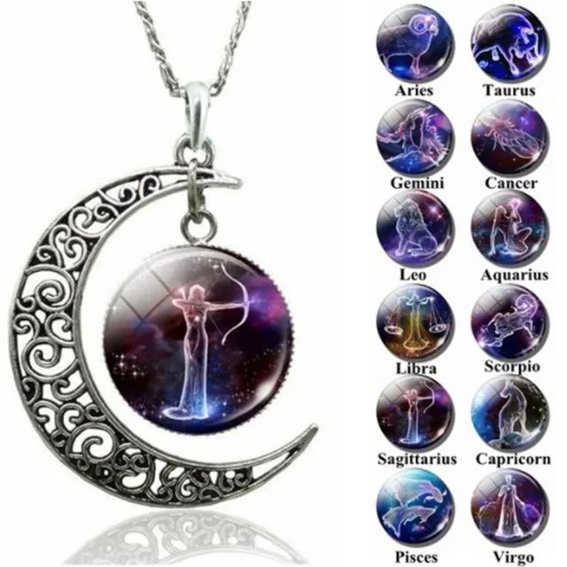 

12 Constellation Necklace Zodiac Signs Cabochon Glass Crescent Moon Pendant Clavicle chain Necklace For Birthday Gifts Women, As picture show