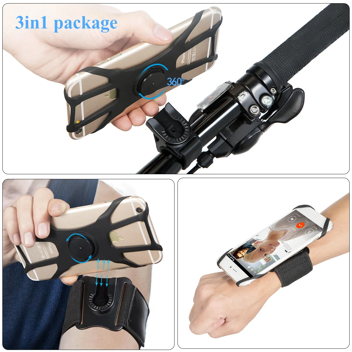 

New Design 3 in 1 Separable 360 adjustable Sports Armband Wristband for Smartphones Bike Phone Holder, Black