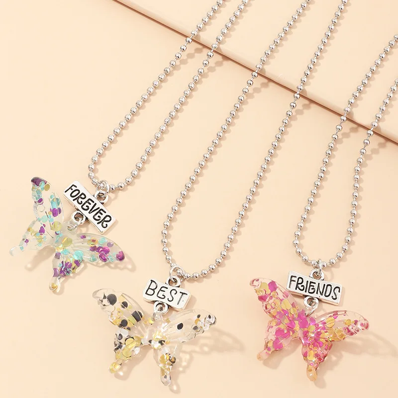 

Silver Plated Chain Colorful Sequins Resin Butterfly Necklace BEST FRIENDS FOREVER Letter Acrylic Butterfly Necklace Set For BBF