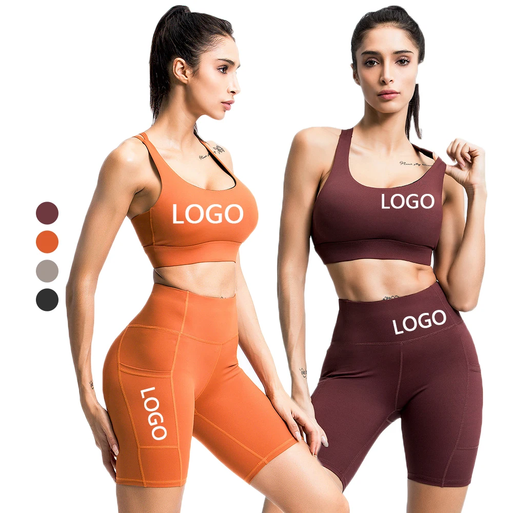 

Hot custom women yoga set workout clothes running bra sports shorts with pockets fitness sportswear