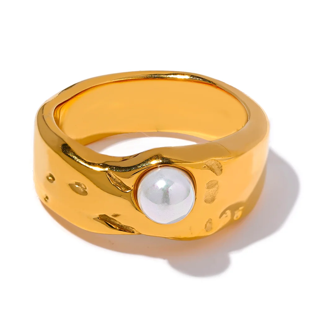 

JINYOU 1947 Vintage Artificial Pearls Stainless Steel Geometric Texture Ring 18K Gold Color Personalized Charm Trendy Jewelry