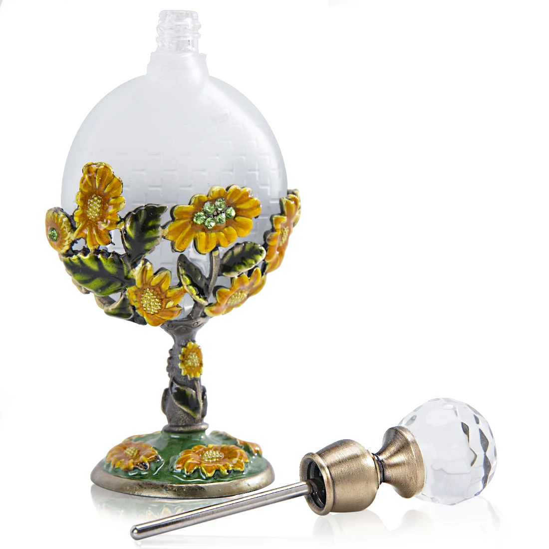 H&d Clear Vintage Sunflower Perfume Bottle Jeweled Crystal Empty