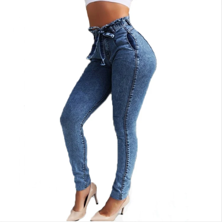 

lady slim fit skinny trousers pants women's slim stretch tassel belt high waisted distressed jeans, Picturer