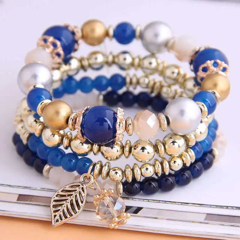 

BW-7084 4 Piece Set Bohemian Leaf Charm Beads Beaded Bracelets Set, 5 colors