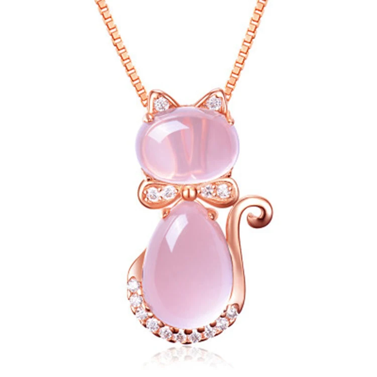 

Rose Gold Natural Furong Stone Powder Crystal Cat Female Pendant Clavicle Chain Jewelry Pendant