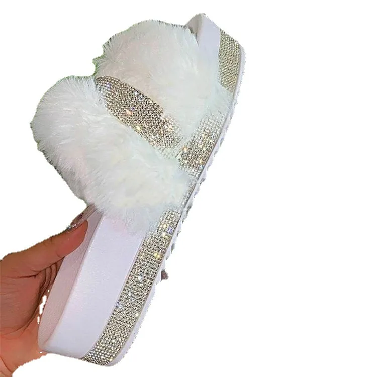 

Fashion Faux Fur Women Shoes Platform Diamond Slides Rhinestone Plush Bling Slippers Woman Ladies Summer Platform Sandals