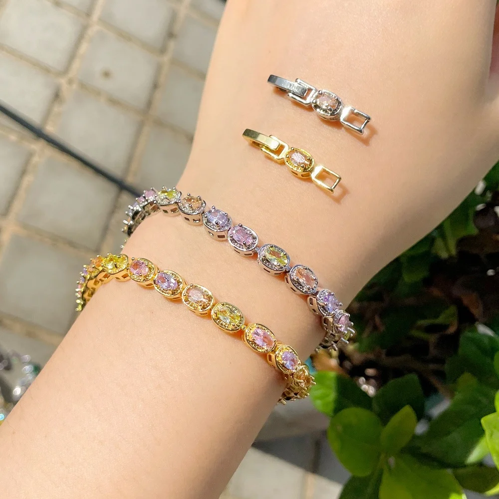 

Simple Fashion Colorful Crystal Gold Plated Oval Cubic Zircon Chain Link Bracelets for Women Hand Jewelry Accessories, Customized color