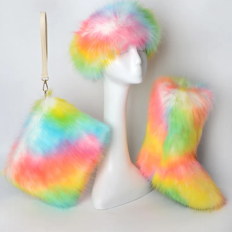 

Winter Custom Fox Fur 3-piece Set Matching Hat Boots With Matching Bag Purse And Fur Boot Sets For Women, Any colors are available