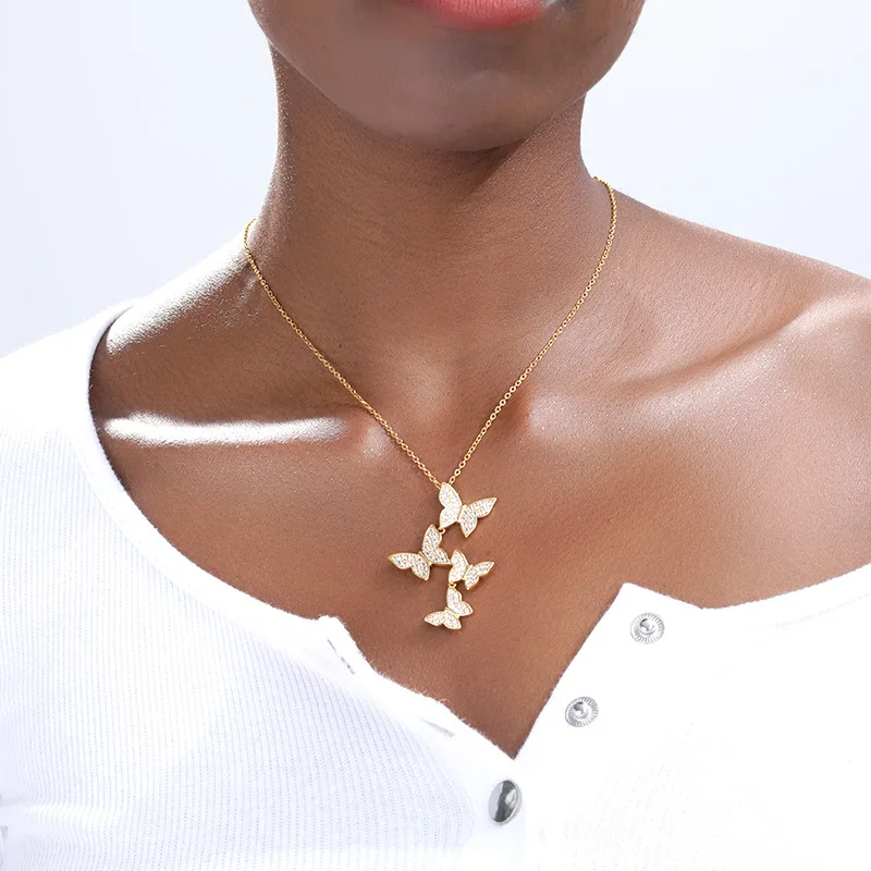 

Fashion Jewelry Iced Out Crystal Rhinestone Butterfly Pendant Necklace 18k Gold Plated Stainless Steel CZ Butterfly Necklace
