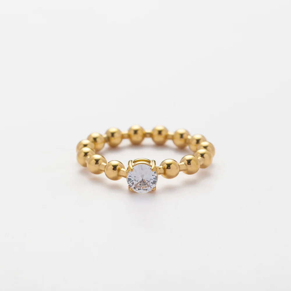 YF4091 High End Simple 18K Gold Plated Stainless Steel Non Tarnish Bead Ring Waterproof Round Ball Claw Zircon Rings for Women