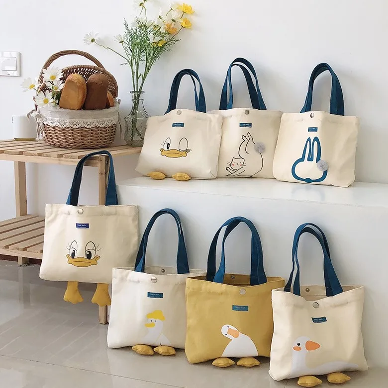 

Cartoon Vintage 16oz Cotton Canvas Large Shoulder Handbag with 3D Ornaments & Hasp for Girl Daily Use, White