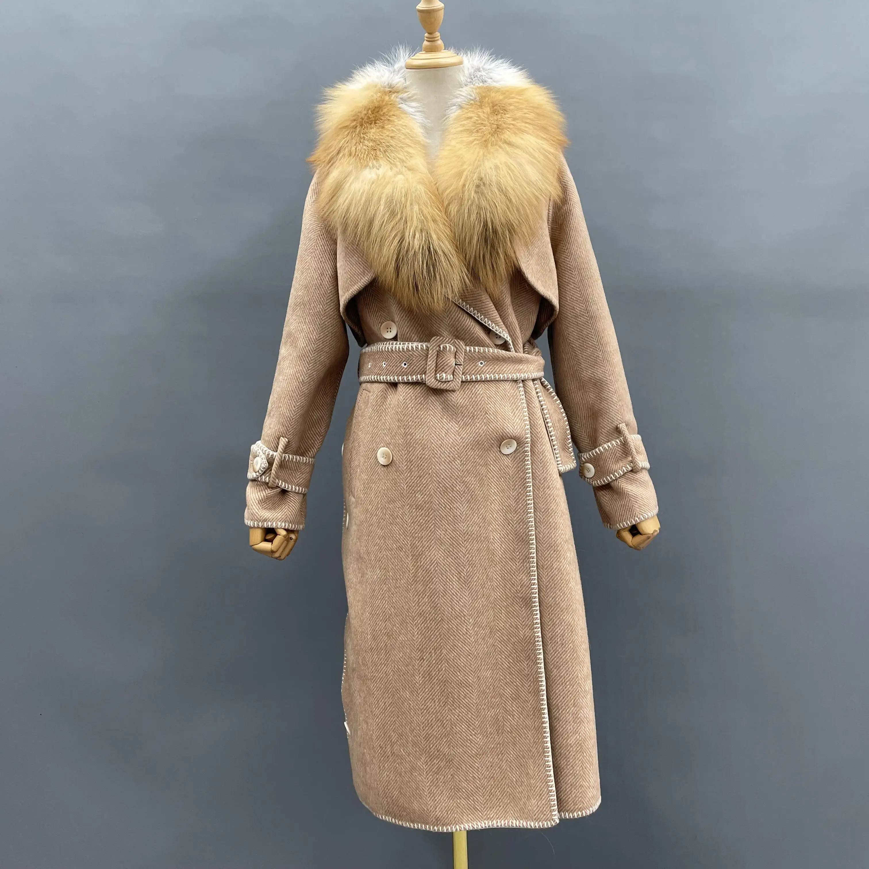 

Luxury Red Fox Fur Silver Fox Fur Trim Long Trench Style Handmade Fur Wool Coat, Customized color