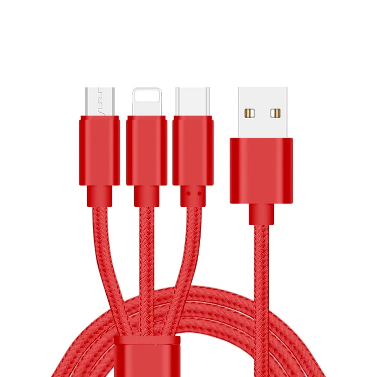 

OEM high quality 1.2m usb charging cable 3 in 1cable usb, Red, golden