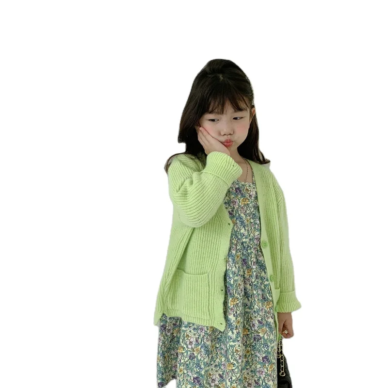 

Girls' round neck sweater coat cardigan solid color knitted children's top