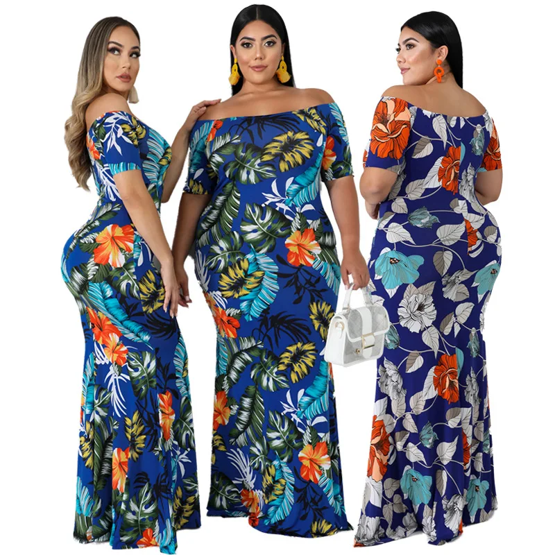 

New Arrive Spring Fall Women Clothing Plus Size womens Dresses Floral Layered Ruffle Off Shoulder Casual Dress, Picture color