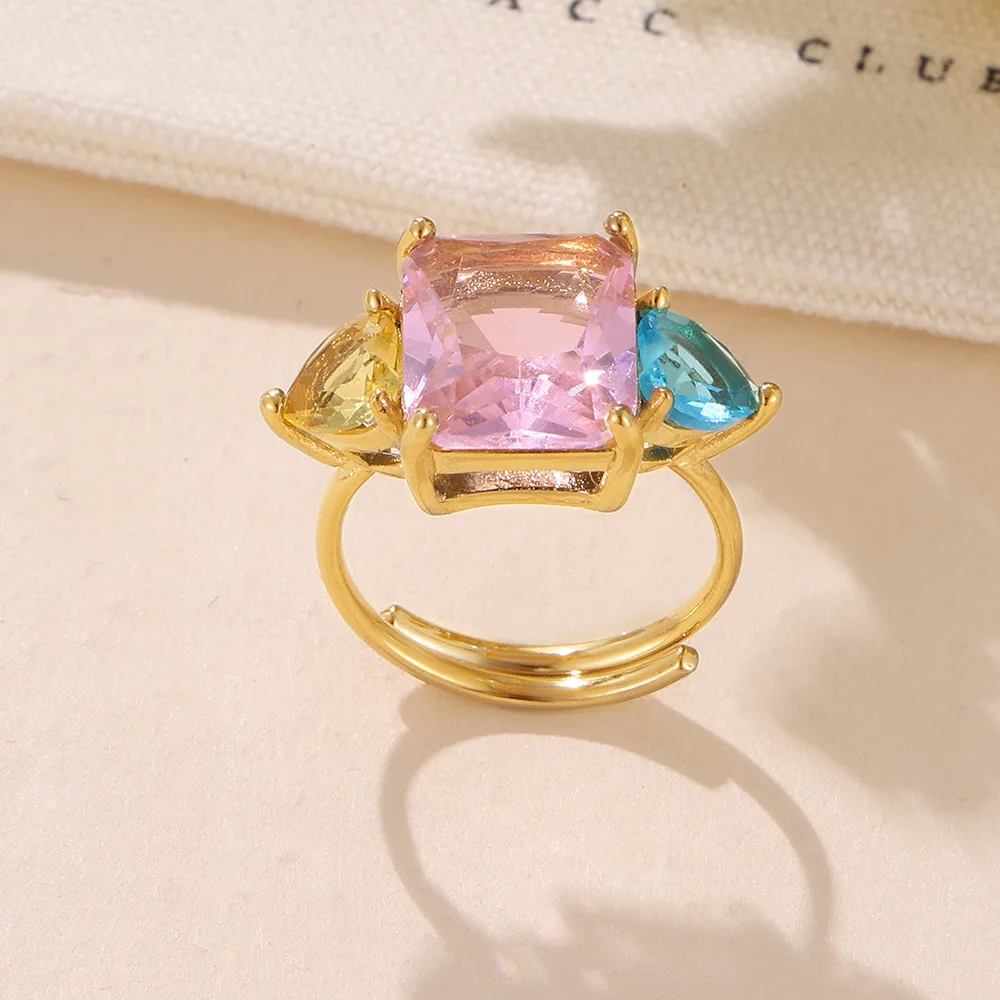 Fashion Stainless Steel 18k Gold Plated Jewelry Colored Square Zircon Opening Women Waterproof Ring YF3996