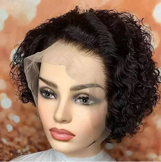 

wholesale summer cheap brazilian short lace front bob pixie cut curly human hair wig For Black Woman