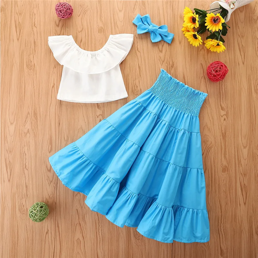 

Girls' summer suit children's wear in small child one-shoulder white blouse yellow fluffy long dress headdress 3 sets