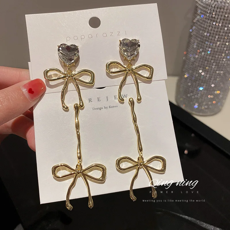 

fashion trendy wholesale heart crystal charm bow connector earring