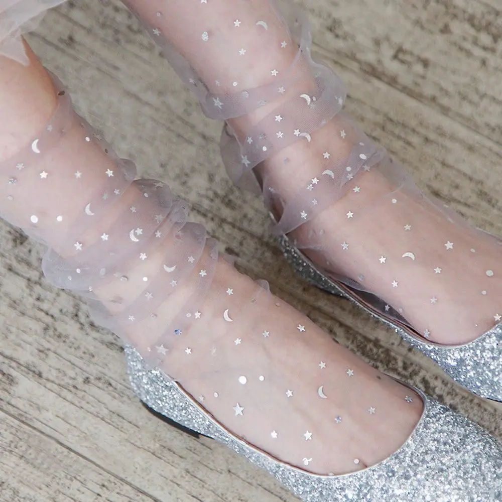 

New Summer Fashion Candy Color Thin Mesh Tulle Ankle Socks Transparent Elastic Mesh Shiny Stars Moon Fishnet Socks, Picture shown