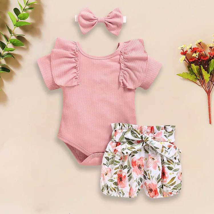 

Knitted Baby Clothes Newborn Romper Set For Girls Flutter Sleeve Tops Floral Shorts Headband M2024