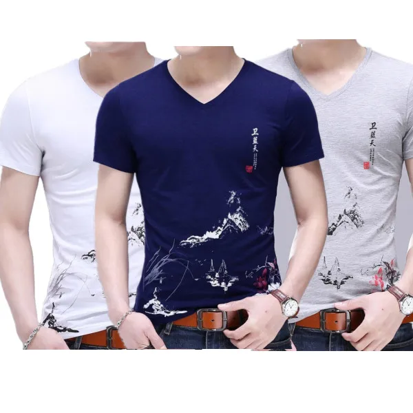 

summer fashion urban wholesale factory price chinese style v neck t shirts mens cotton custom t shirt printing blank t-shirt