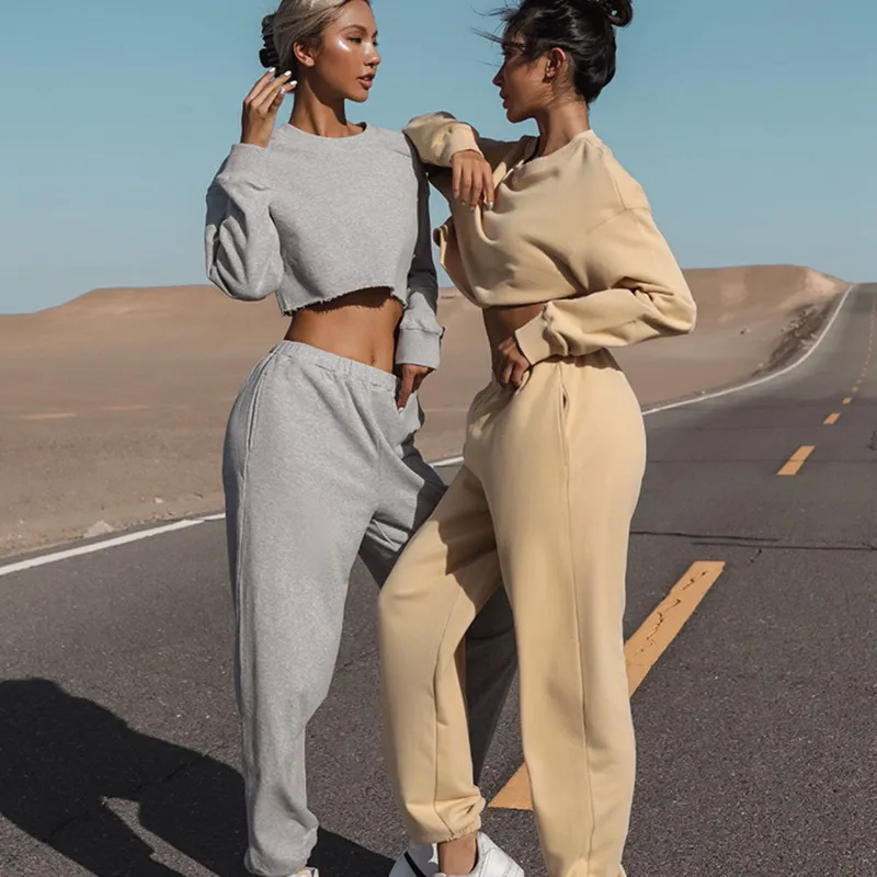 

Women's Fashion Casual Two Piece Women Clothing Set Long Sleeve Crop Top With Pants Set, As picture