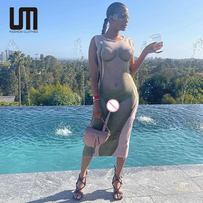 

2021 Hot Selling Women Sexy Sleeveless Party Night Clubwear Body Print Long Dress