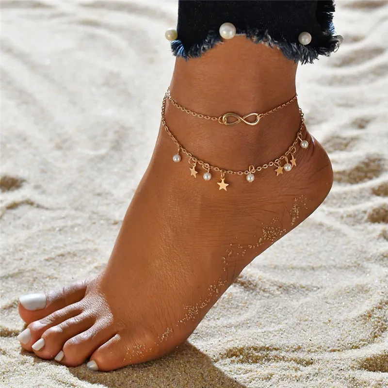

Rhinestone Butterfly Star Ankle Set Gold Multilayer Chain Beaded Anklets For Women Boho Leg Bracelet Beach Foot Jewelry