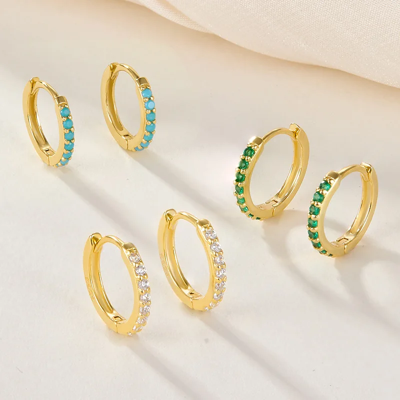 

hot selling 6 7 8 9 mm sterling silver 925 hoop turquoise earrings bulk colorful zircon small new earrings 2023