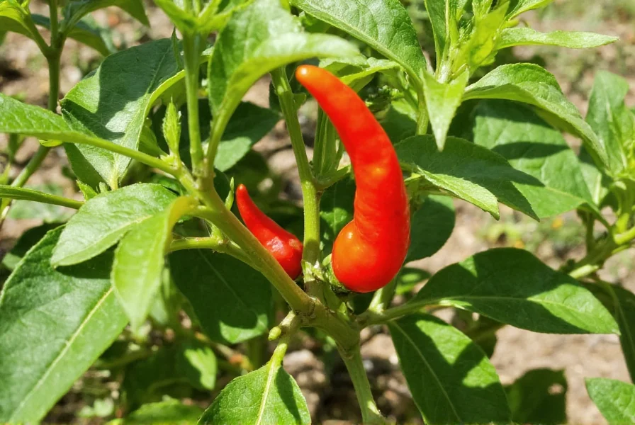 Scotch bonnet pepper plant with vibrant red peppers growing in a garden setting under partial sunlight