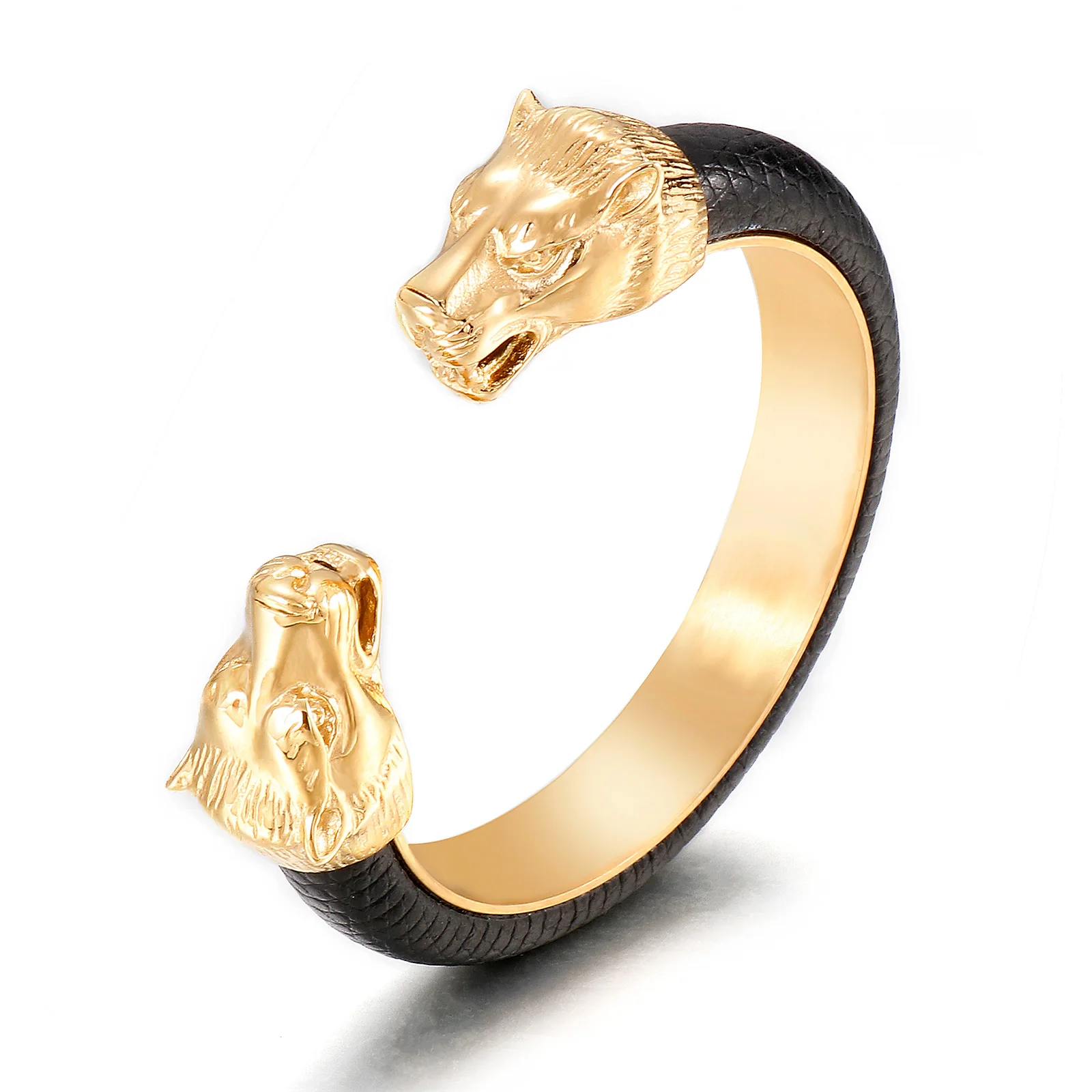 

KALEN Personality Stainless Steel Tiger Head Cowhide Open Cuff Jewelry Bangle