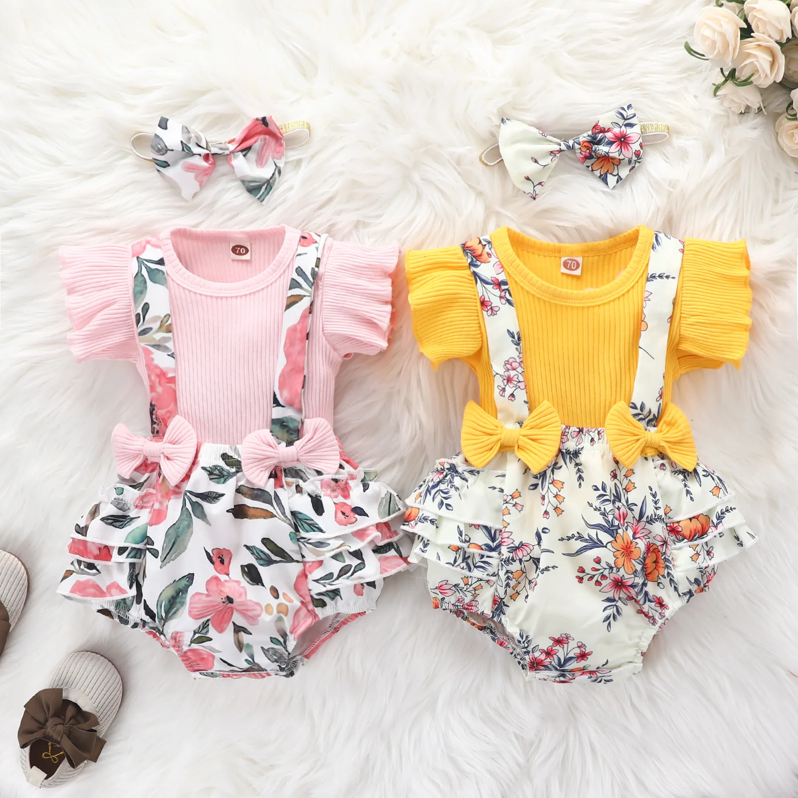 

Floral Overalls Baby Kid Girls Short Sleeves Romper Set Clothes 3 in 1 Baby Girls' Clothing Sets