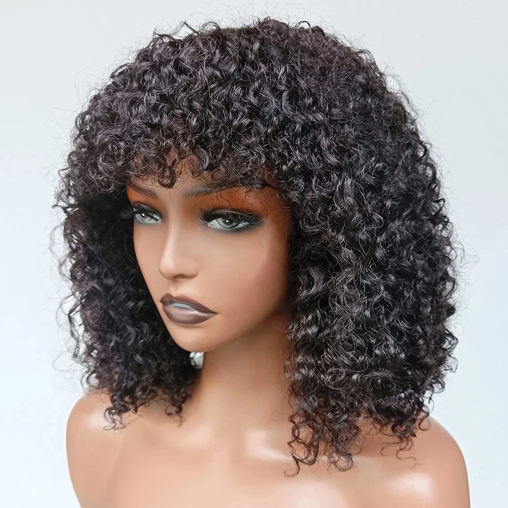 

Short Curly Human Hair Wigs With Bangs 360 Lace Frontal Wigs Natural Color Indian Remy Fringe Wig Prepluck For Women 180density, Natrual color wig