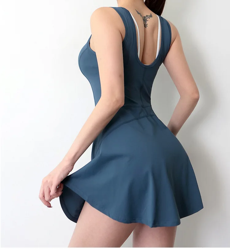

Women One Piece Tennis Dress With Short Pants Sexy Fitness Workout Active Wear U Back Customized Logo Yoga Skirt