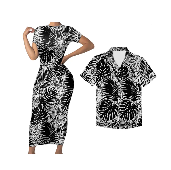 

7XL Big Size Hawaiian Polynesian Tribal Couple Set Clothing Couples Clothes Lover Casual Outfit Women Sexy Dress Match Men Shirt