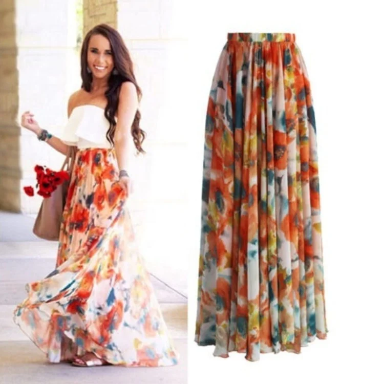 

2021 Amazon skirts for women fashion sweet elegant women skirts colorful floor-length Polyester Cotton Chiffon Skirts Women