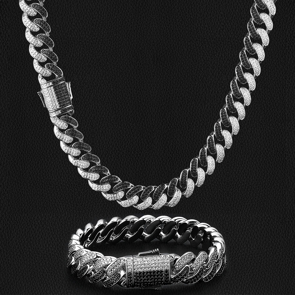 

KRKC Wholesale 12mm White and Black Color 5A CZ 2 Row Diamond Iced Out Cuban Link Chain Necklace