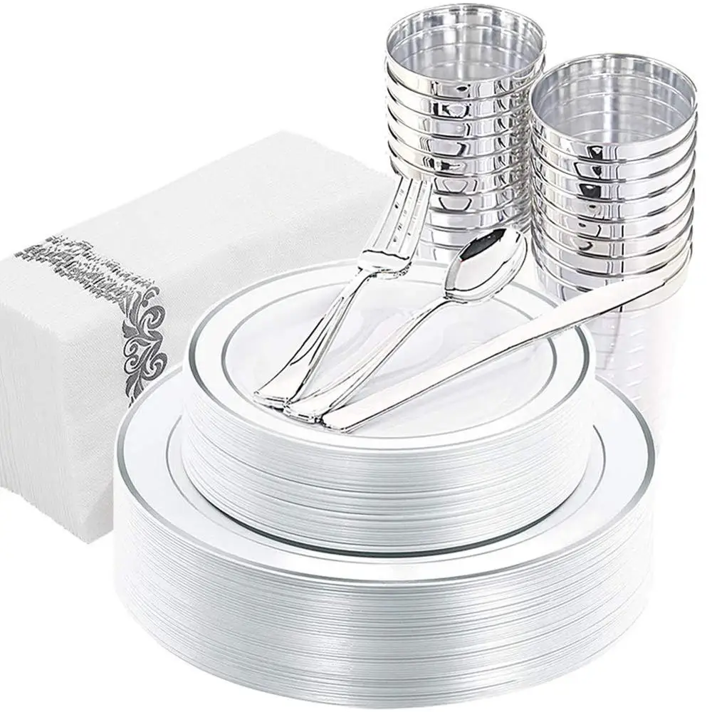 

Silver Plastic Plates with Disposable Plastic Silverware&Cups &Hand Napkins